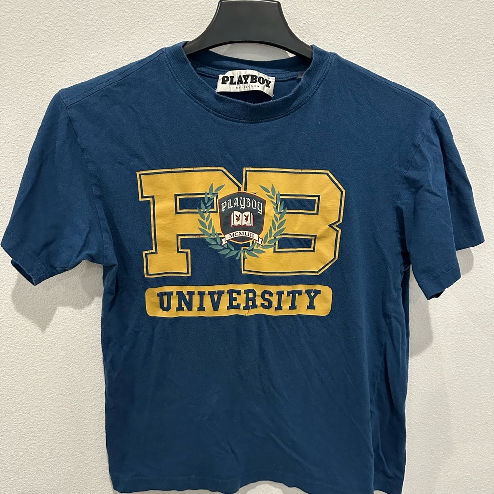 PLAYBOY Blue and Yellow Collegiate Short Sleeve Tee